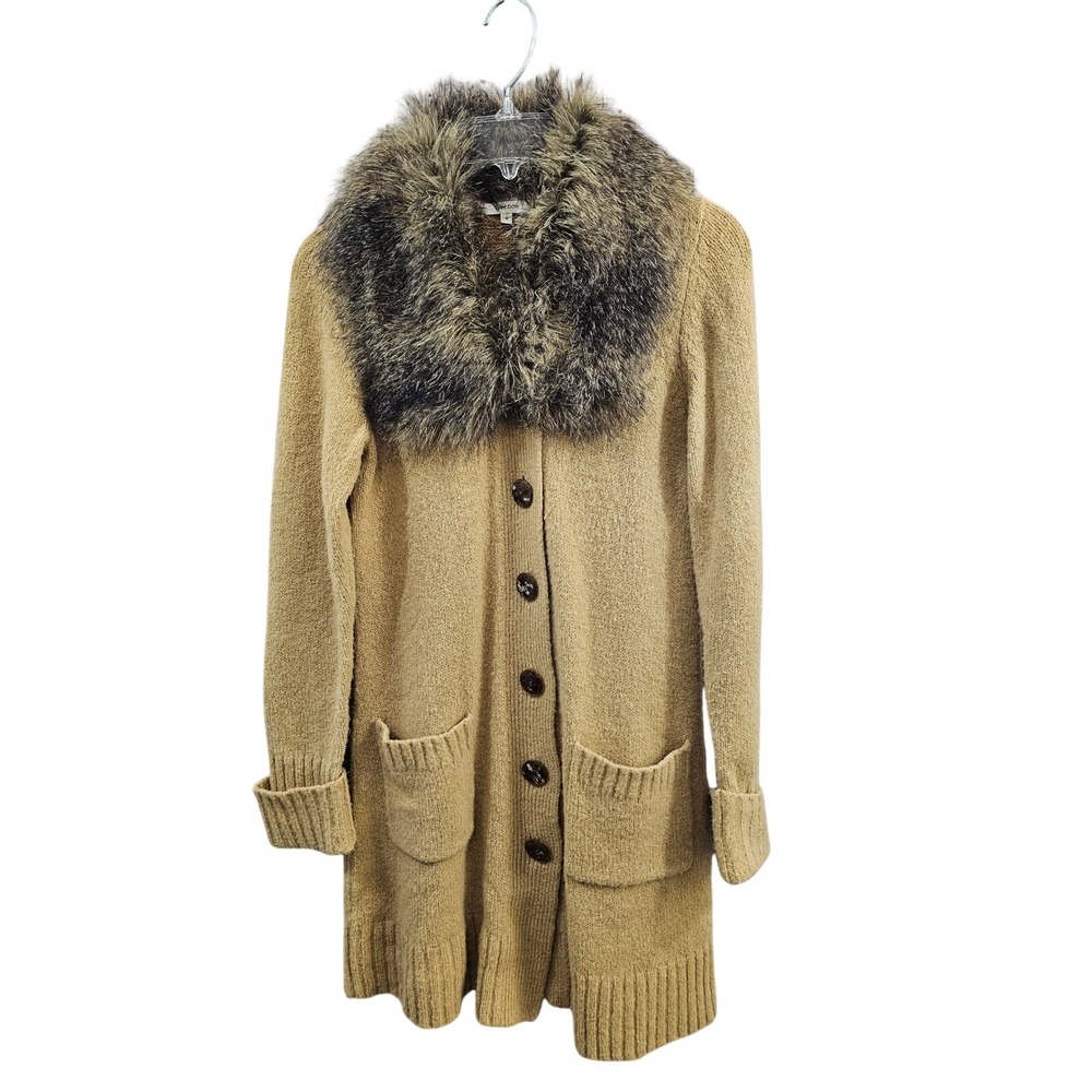 tyler boe tan fuzzy faux fur collar long knit cardigan sweater Duster womens s‎